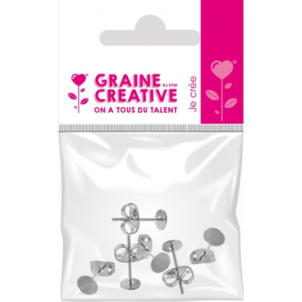 Graine Creative 6 ear posts with flat pad and butterfly clutch, silver