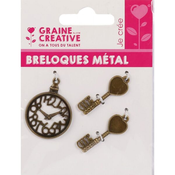 Graine Creative bag of 2 metal charms: key + clock